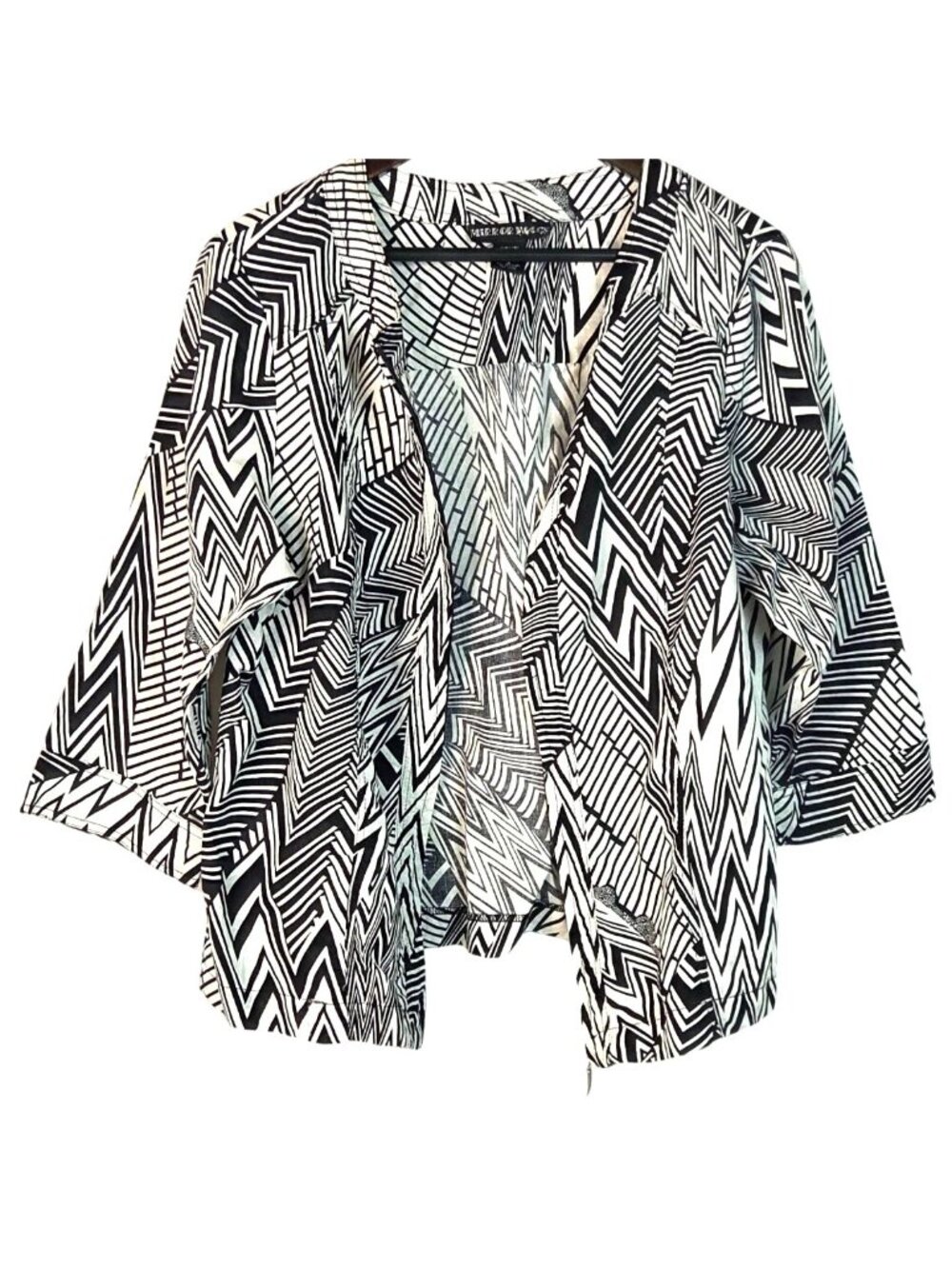 Mirror Image Womens Black & White Geometric Print Zip Front Jacket Linen Blend S